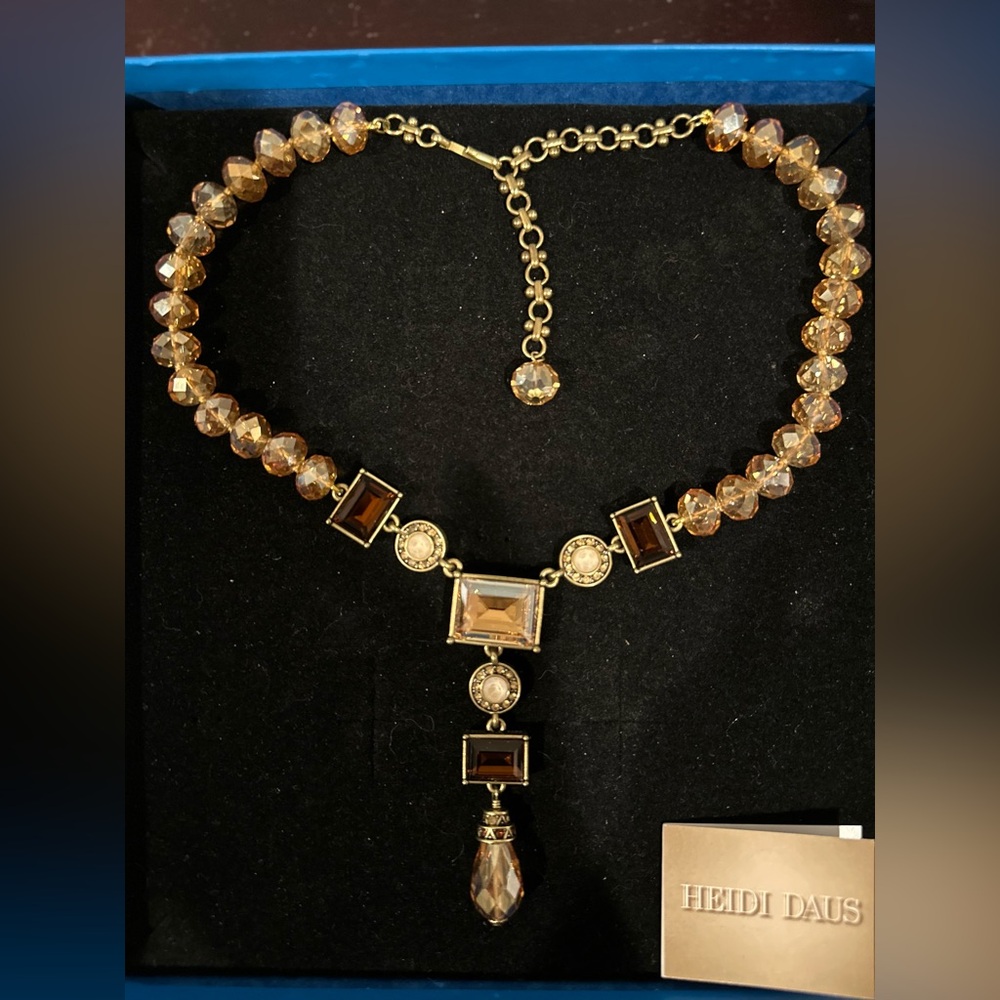 NIB Heidi Daus Emerald Cut Topaz Brilliant Designer Signed Necklace in Box NWOT